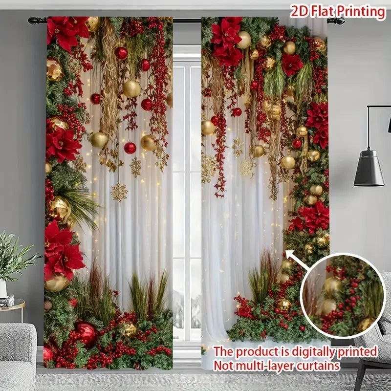 Christmas decoration-2Pcs-Flower plant tassels print curtains,suitable for bedroom,living room,home decoration,window decoration
