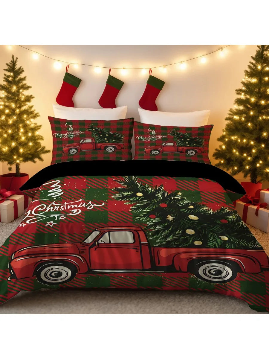 3pcs Checkered Christmas Coreless Duvet Set with Multiple Sizes for Bedrooms Dormitories, Soft and Comfortable, Machine Washable