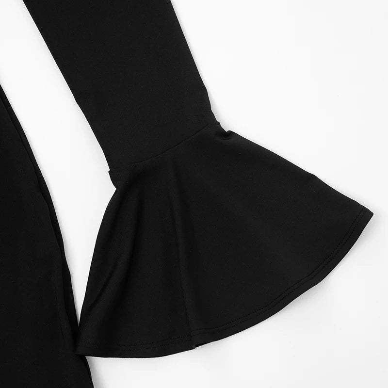 CUTENOVA Fall New Arrival Women Solid Color Bodycon Button Up Bell Sleeve Mini Lace-Up Strapless Sexy Bodycon Sexy Hottie Dress