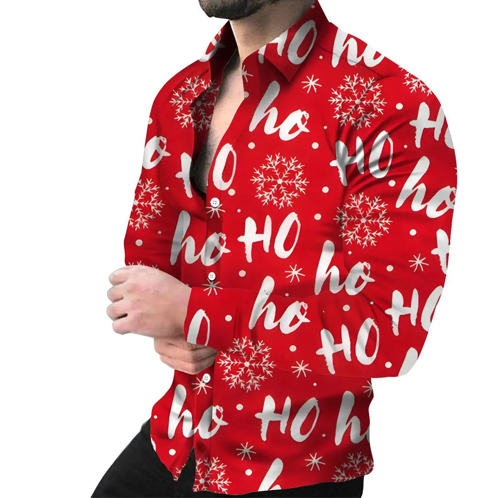 Autumn and Winter Christmas Pattern Printed Men's Long Sleeve Shirt Men's Casual Collar Cardigan Shirt Top Non Stretch Thin
