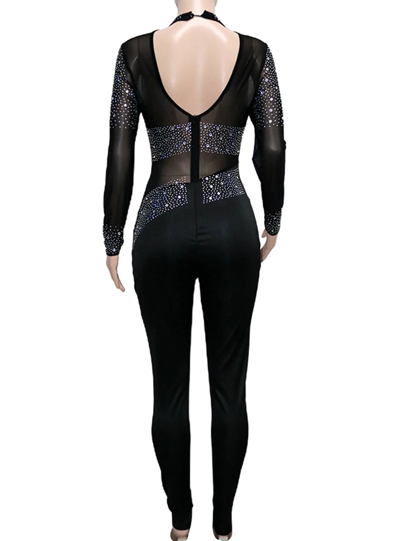 Sexy see through Rhinestone mesh bodycon jumpsuit women summer Long sleeve jumpsuits body birthday party club outfits bodysuit