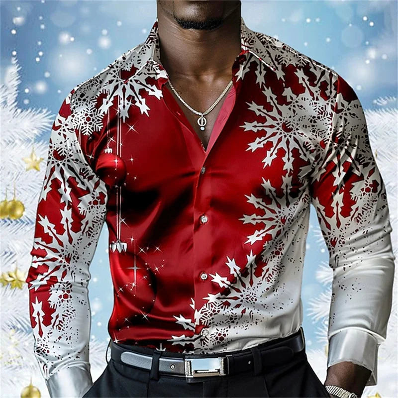 Christmas Men's Snowflake Satin Button Shirt Long Sleeve Casual Holiday Party Evening Wear Daily Four Seasons Lapel Shirt