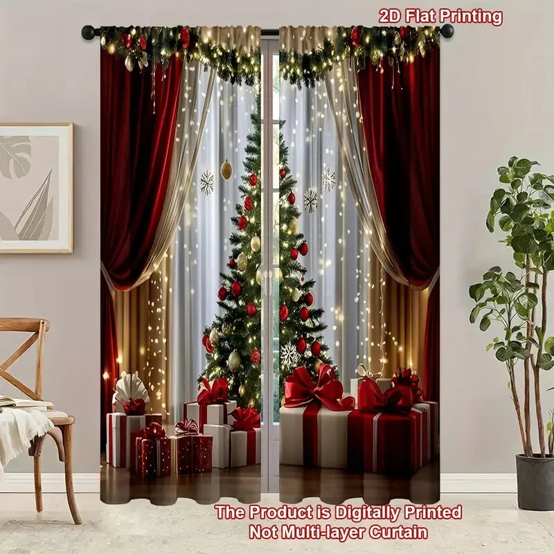 2 pieces - Luxurious Christmas tree print curtains, pole bag curtains, home decoration, room decoration、30*65inch