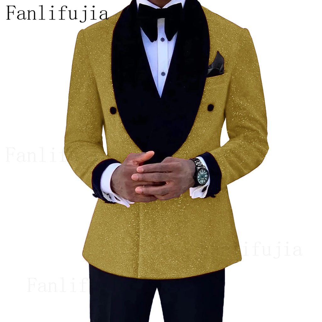 Fanlifujia Luxury Red Glitter Suits Men Groom Wedding Tuxedo Double Breasted Blazer Formal Evening Party