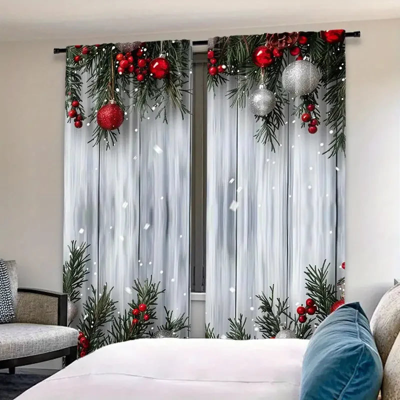 Holiday Christmas balls and pine branch - printed curtains, suitable for home decoration in bedrooms and living rooms