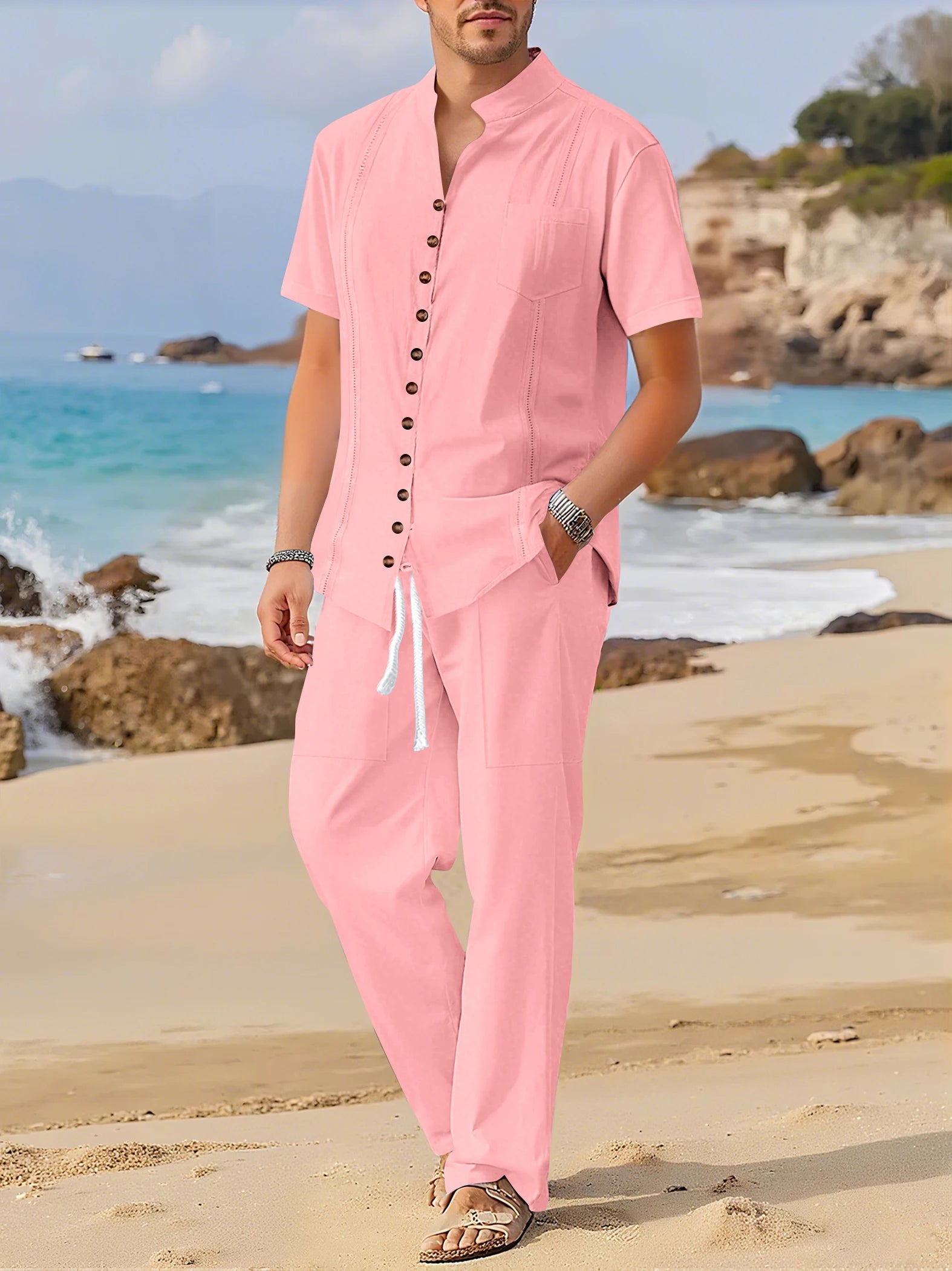 Men's Fashionable Cotton Linen Shirt Set with Cuban Pocket Long Sleeve Casual Two-Piece Suit Spring Autumn 100% Natural Fiber