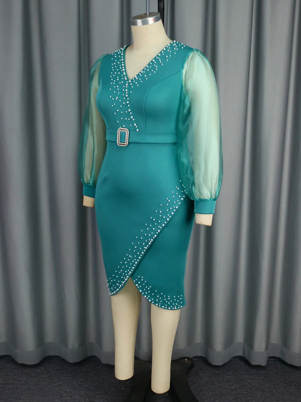 Luxury Red Evening Dress V-neck Bead Belt Mesh Lantern Long Sleeve Sexy Women's Party Classy Office Ladies Wedding Guest Gowns