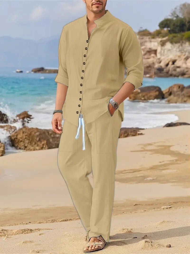 Men's Fashionable Cotton Linen Shirt Set with Cuban Pocket Long Sleeve Casual Two-Piece Suit Spring Autumn 100% Natural Fiber