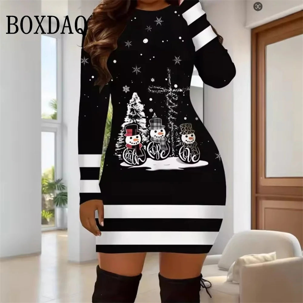 Women Christmas Party 3D Funny Snowman Christmas Element Printed  2025 Autumn Winter Long Sleeve Casual Bodycon D.