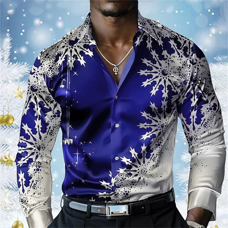 Christmas Men's Snowflake Satin Button Shirt Long Sleeve Casual Holiday Party Evening Wear Daily Four Seasons Lapel Shirt