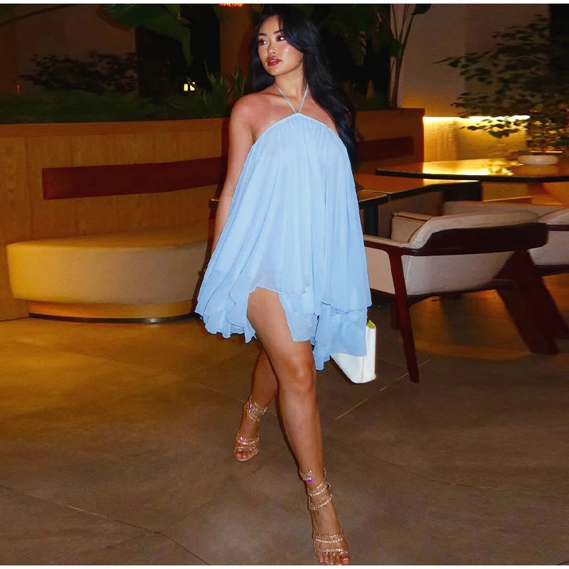 Elegant Halter Ruffles Short Dress Women Loose Solid Strapless Sleeveless Backless Dresses 2025 Summer Lady Beach Vacation Robes