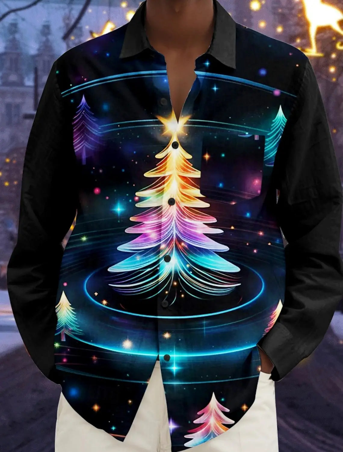 Christmas Theme Men's Christmas Trees Printed Shirts Snowflake Gradient Graphics Button Up Long Sleeve Shirts Fashion Tops Thin