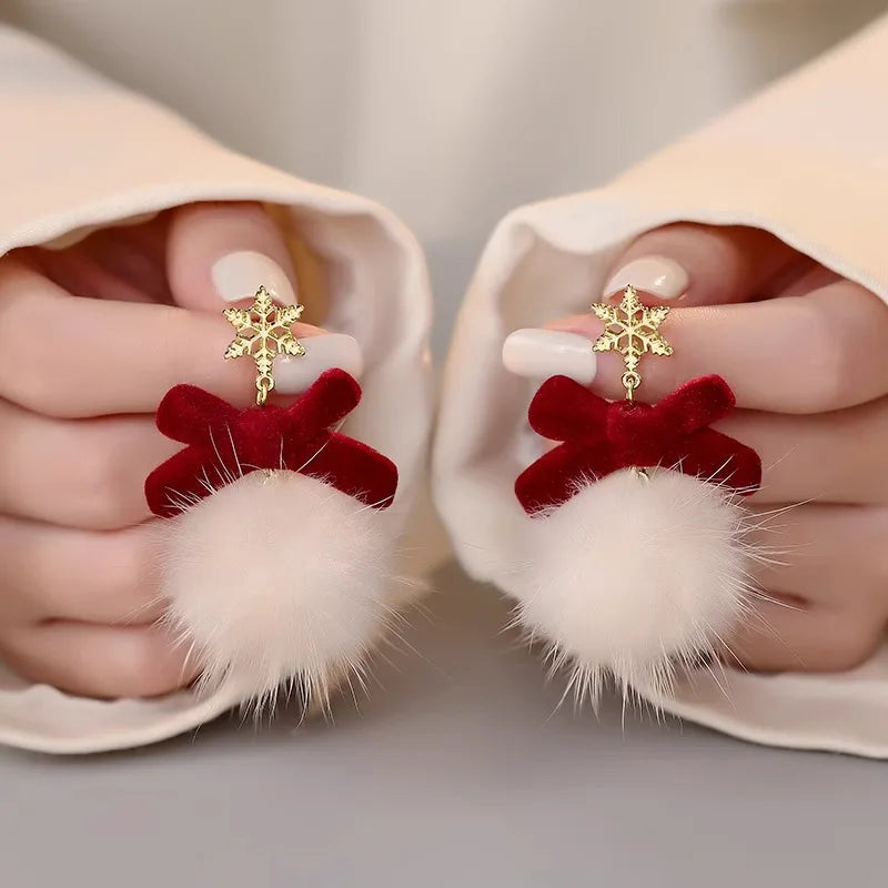 Cute Pompom Ball Bow Snowflake Elk Earrings Sweet Fashion Jewelry for Women and Girls New Year Gifts