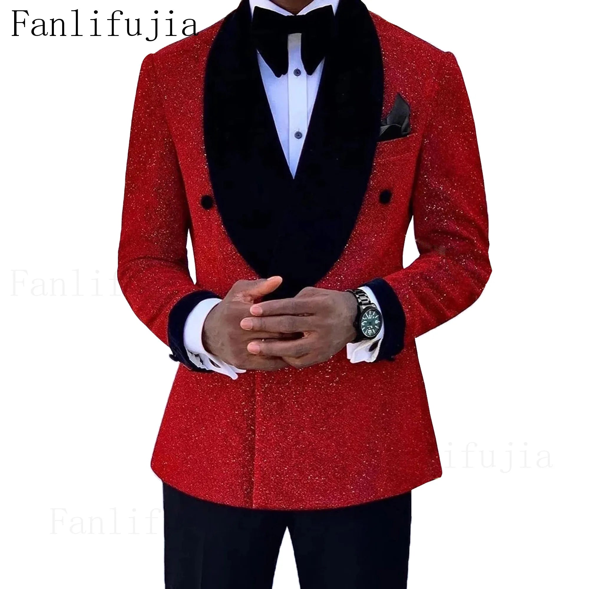 Fanlifujia Luxury Red Glitter Suits Men Groom Wedding Tuxedo Double Breasted Blazer Formal Evening Party