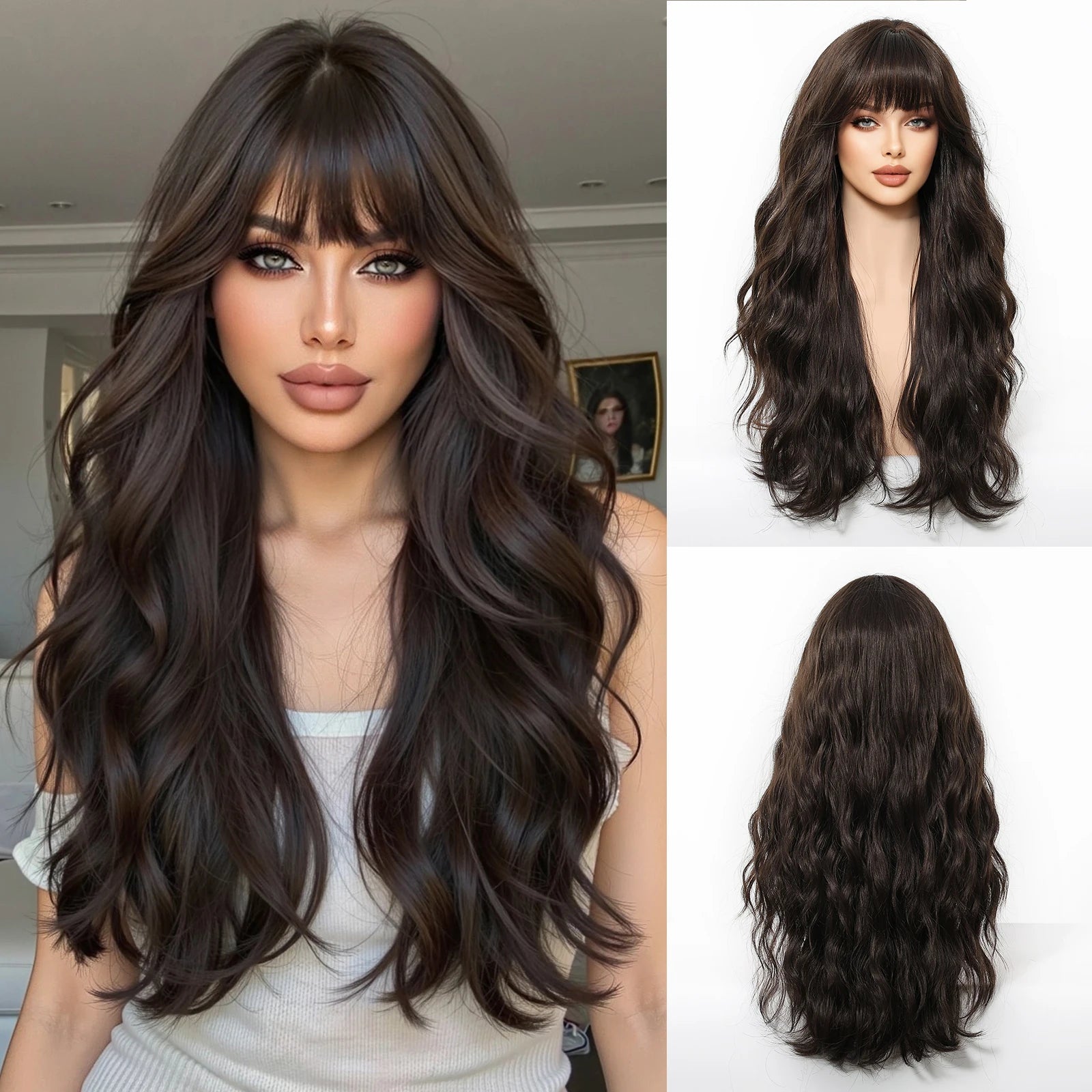 Rose Blonde Ombre Brown Long Natural Wave Synthetic Wigs with Bangs for Women Heat Resistant Daily Cosplay Party Hairs Wig Use