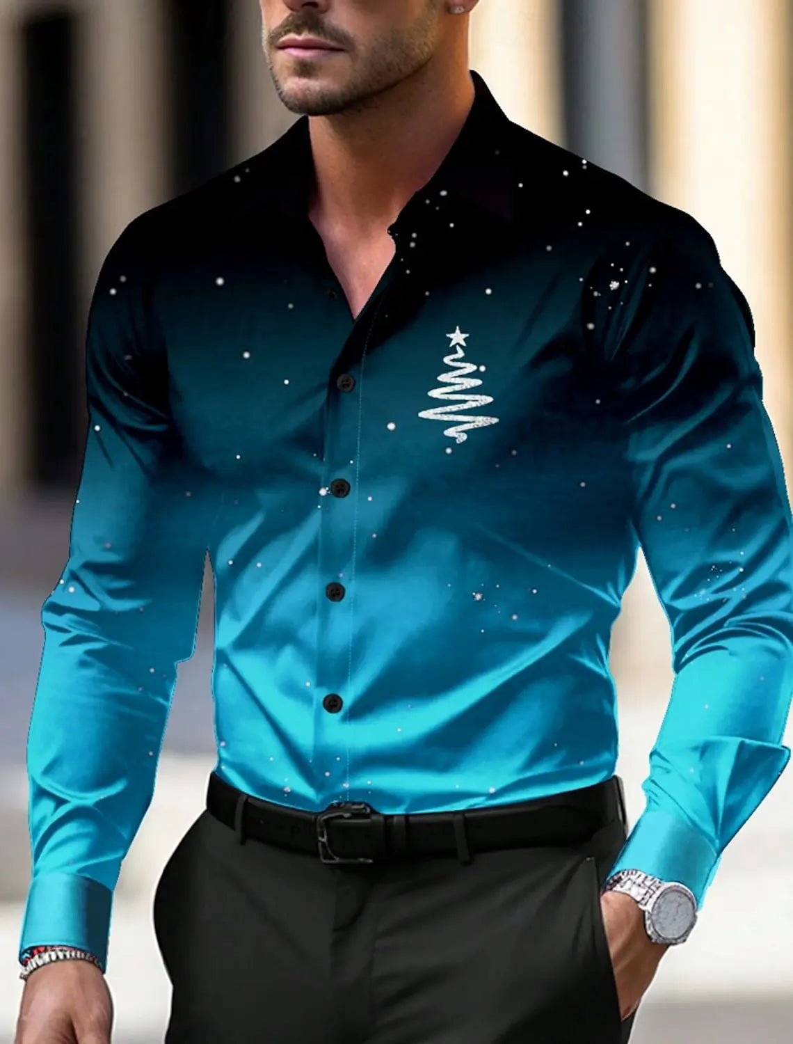 Christmas Theme Men's Christmas Trees Printed Shirts Snowflake Gradient Graphics Button Up Long Sleeve Shirts Fashion Tops Thin